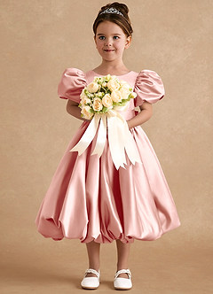 Azazie Jellybean Blumenmädchenkleider Ballkleid Gestreift Matte Satin Kleid Rosettenrosa image3