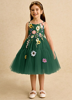 Azazie Osea Flower Girl Dresses Dark Green Ball-Gown Pleated Tulle Dress image4