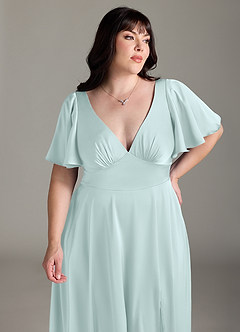Azazie Kimber Bridesmaid Dresses Sea Glass A-Line Ruched Stretch Satin Dress image11