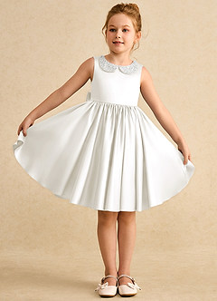 Azazie Chickpea Flower Girl Dresses Ivory A-Line Bow Matte Satin Dress image4
