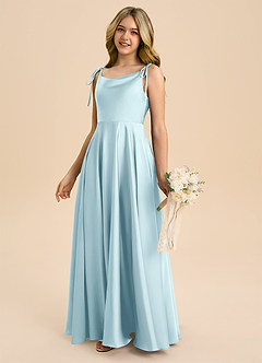 Azazie Popsy Junior Vestido de Azul Nube de Satén Elástico de Corte en A con Lazo image7