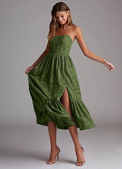 Azazie Delphina Bridesmaid Dresses Olive A-Line Strapless Floral Burnout Convertible Dress image4