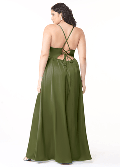 Azazie Raya Bridesmaid Dresses Olive A-Line V-Neck Pleated Stretch Satin Dress image8
