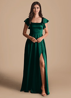 Azazie Bondi Bridesmaid Dresses Emerald A-Line Bow Metallic Satin Dress image2
