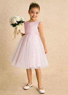 Azazie Esme Blumenmädchenkleider Ballkleid Schleifen Tüll Kleid Puderrosa image2