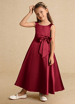 Azazie Lindy vestidos de niña de las flores Vestido de Borgoña de Satin Mate de Corte En A con Plisado image3