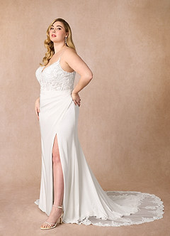 Azazie Rosalina Wedding Dresses Diamond White Mermaid V-Neck lace Crepe Back Satin Dress image8