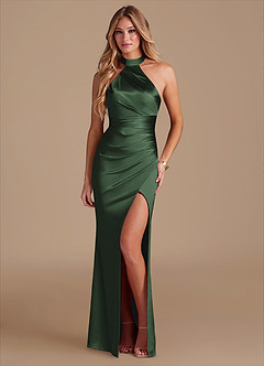 Azazie Karlotta Bridesmaid Dresses Eucalyptus Sheath Pleated Metallic Satin Dress image1