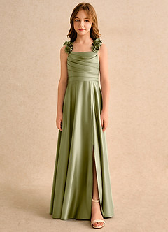 Azazie Rosita Girls Formal Robe Demoiselle D'honneur Fillette Robe Trapèze en Mat Satiné Plissée Vert Mousse image3