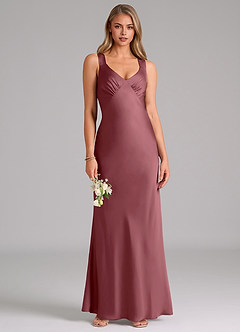 Azazie Kamila Bridesmaid Dresses Desert Rose A-Line Pleated Stretch Satin Dress image1