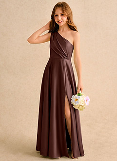 Azazie Puddles Girls Formal Robe Demoiselle D'honneur Fillette Robe Trapèze en Satin extensible Une épaule Expresso image3