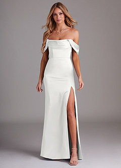 Azazie Saige Bridesmaid Dresses White Sheath Off the Shoulder Stretch Satin Dress image3