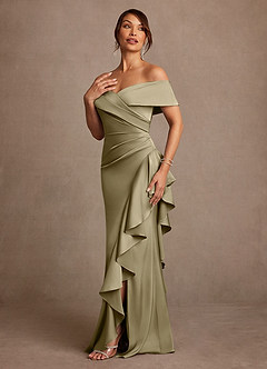 Azazie Kirsty Mother of the Bride Dresses Moss Green Sheath Off the Shoulder Stretch Satin Dress image3