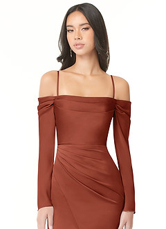 Azazie Hallie Bridesmaid Dresses Auburn Sheath Off-The-Shoulder Long Sleeve Stretch Satin Convertible Dress image2