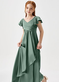 Azazie Omari Junior Eucalyptus A-Line Pleated Stretch Satin Dress image6