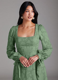 Azazie Leonia Bridesmaid Dresses Eucalyptus A-Line Long Sleeve Floral Burnout Dress image6
