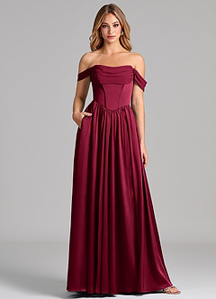 Azazie Raisa Bridesmaid Dresses Burgundy A-Line Off the Shoulder Stretch Satin Dress image1