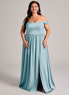 Azazie Calianna Robes de demoiselle d'honneur Robe Trapèze Convertible en Satin extensible Épaule décolletée Bleu Maussade image6