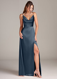 Azazie Sarella Brautjungfernkleider A-Linie mit Taschen Metallischer Satin Kleid Dunkelmarine image3