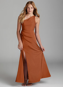Azazie Maron Junior Vestido Cobre de Cetim elástico de Linha A com Plissado image1