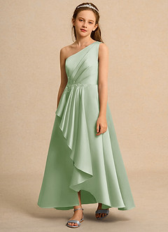 Azazie Taffy Junior Formal vestidos de niña de las flores Vestido de Salvia Polvorienta de Satin Mate de Corte En A con Encaje image1