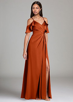 Azazie Dakota Bridesmaid Dresses Paprika A-Line Off the Shoulder Stretch Satin Dress image1