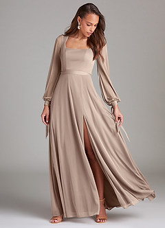 Azazie Leonia Bridesmaid Dresses Taupe A-Line Long Sleeve Mesh Dress image2