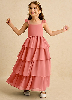 Azazie Boba vestidos de niña de las flores Vestido Rosa Salmón de Gasa de Línea A con Escote cuadrado image3