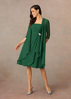 Azazie Olivia Mère de la mariée Robes Robe Trapèze en Mousseline de soie Encolure carrée plissée Vert Foncé image1