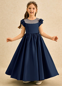 Azazie Toffee Abiti da Ragazza di Fiori Abito Stile Principessa in Raso Opaco Fiocco Marino Scuro image3