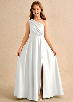 Azazie Puddles Girls Formal Blumenmädchenkleider A-Linie One-Shoulder Stretch-Satin Kleid Weiß image5