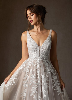 Azazie Sorella Wedding Dresses Diamond White Sand A-Line V-Neck Sequins Tulle Dress image8