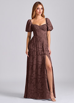 Azazie Mirian Bridesmaid Dresses Espresso A-Line Sweetheart Neckline Floral Burnout Dress image1