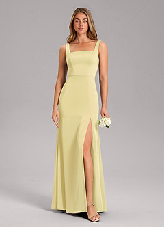 Azazie Frostine Bridesmaid Dresses Lemon Sorbet A-Line Bow Stretch Satin Dress image1