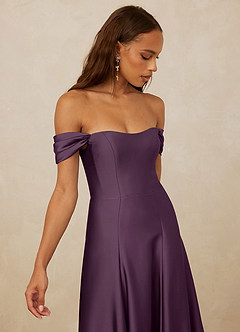 Christian Siriano Bridal for Azazie 1002 Bridesmaid Dresses Plum A-Line Off the Shoulder Stretch Satin Convertible Dress image4