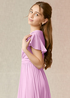 Azazie Mosley Junior Candy Pink A-Line Ruched Mesh Dress image6
