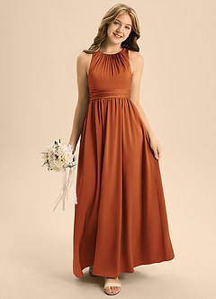 Azazie Jaylah Junior Cinnamon A-Line Pleated Stretch Satin Dress image3