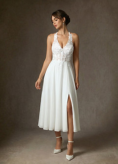 Azazie Sonia At-home Try On Dresses Diamond White A-Line Lace Dress image5