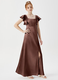 Azazie Bondi Junior Espresso A-Line Side Slit Metallic Satin Dress image3