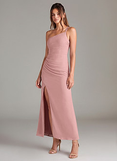 Azazie Eren 신부 들러리 드레스 인어 한쪽 어깨 쉬폰 발목 길이 드레스 image1