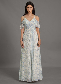 Azazie Dakota Robes de demoiselle d'honneur Robe Trapèze en Mousseline de soie Col V plissé Floral Azur image1
