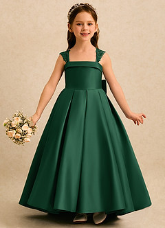 Azazie Genie Robe Demoiselle D'honneur Fillette Robe Princesse en Mat Satiné Épaules dénudées Vert Foncé image3