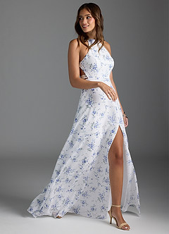 Azazie Clarice Bridesmaid Dresses Blue Cottage Floral A-Line Halter Chiffon Dress image1