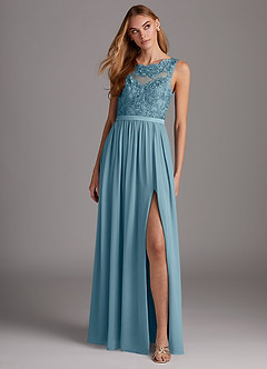 Azazie Elly Bridesmaid Dresses Moody Blue A-Line Lace Scoop Neck Chiffon Dress image3