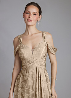 Azazie Emoria Vestidos de madrinha de casamento Vestido Jacquard Taupe de Jacquard de Linha A com Fora do ombro image3