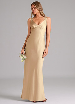 Azazie Kamila Bridesmaid Dresses Champagne A-Line Pleated Stretch Satin Dress image5