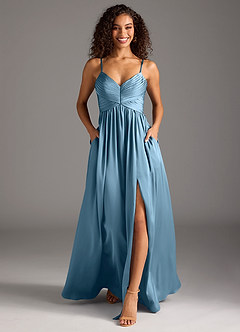 Azazie Alia Vestidos de damas de honor Vestido de Azul Acero de Satén Elástico de Corte en A con Plisado image5