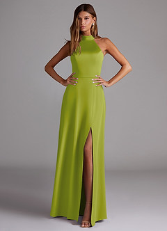 Azazie Myra Bridesmaid Dresses Lemongrass A-Line High Neck Stretch Satin Dress image3