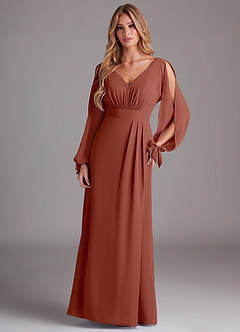 Azazie Matilda Bridesmaid Dresses Auburn A-Line Long Sleeve Chiffon Dress image3
