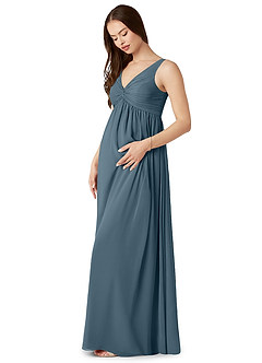 Azazie Yetta Maternity Bridesmaid Dresses A-Line V-Neck Gathered Chiffon Floor-Length Dress image4